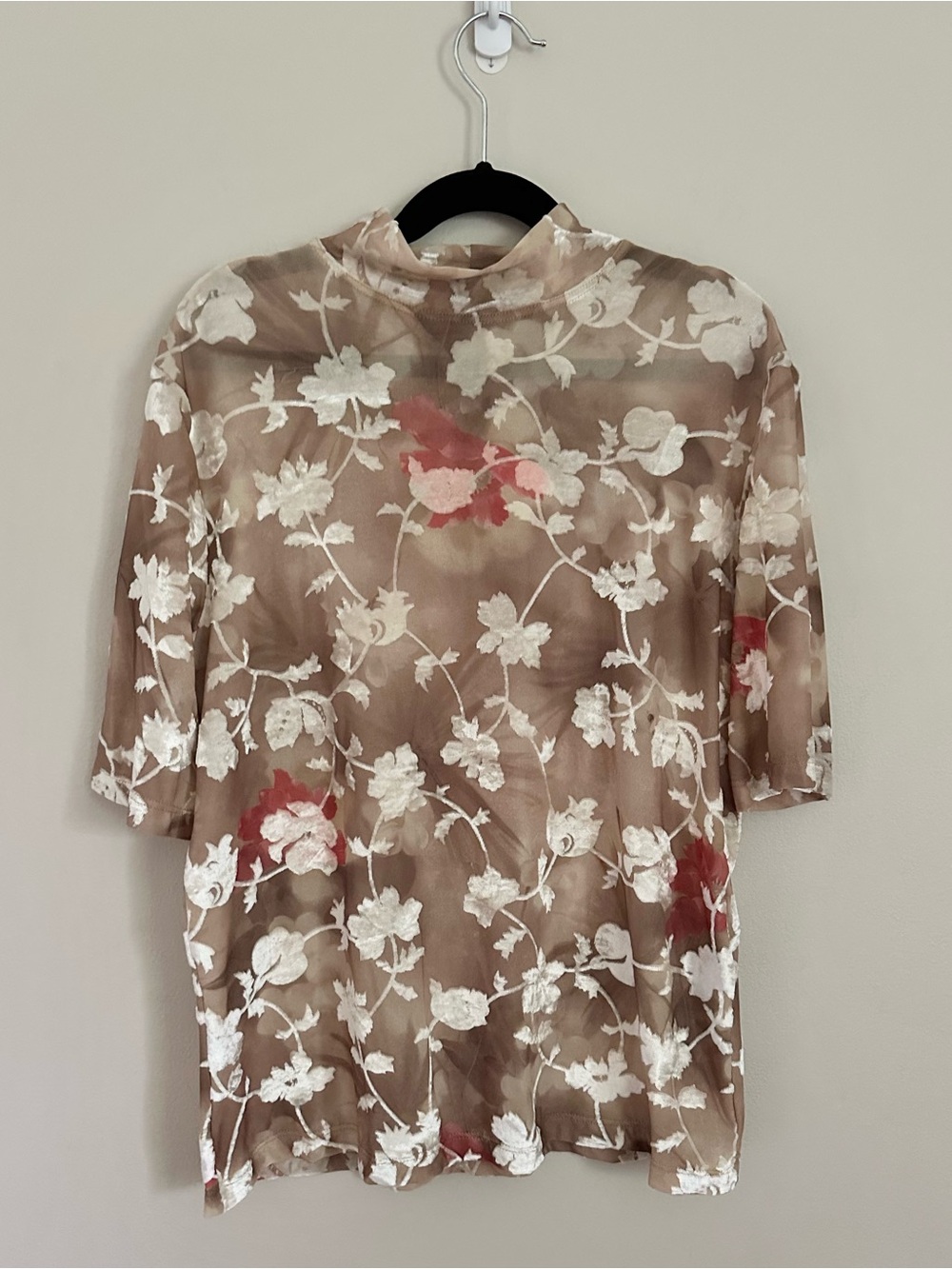 Vintage St. John Sport Burnout Velvet Floral Mesh Mock Neck Top Romantic Y2K SM